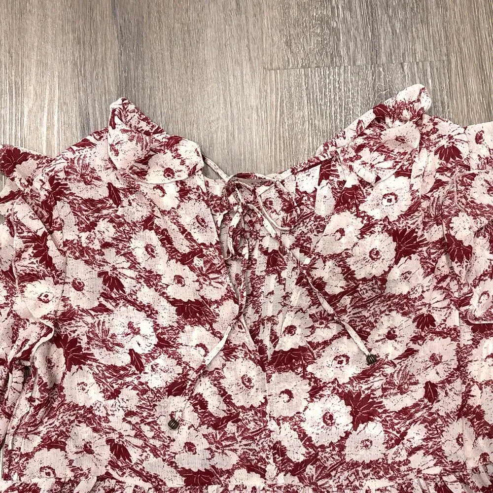 Free People Floral Mini Dress Small Red White Pleated Ruffle Hem Boho Festival